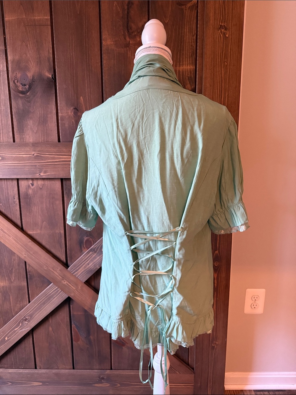 Light Sage Green Ruffle-Trim V-Neck Button Blouse - Picture 2 of 2
